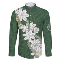 Ia Orana Tahiti Tiare Family Matching Off Shoulder Short Dress and Hawaiian Shirt Sage Green Lei - Polynesian Pride