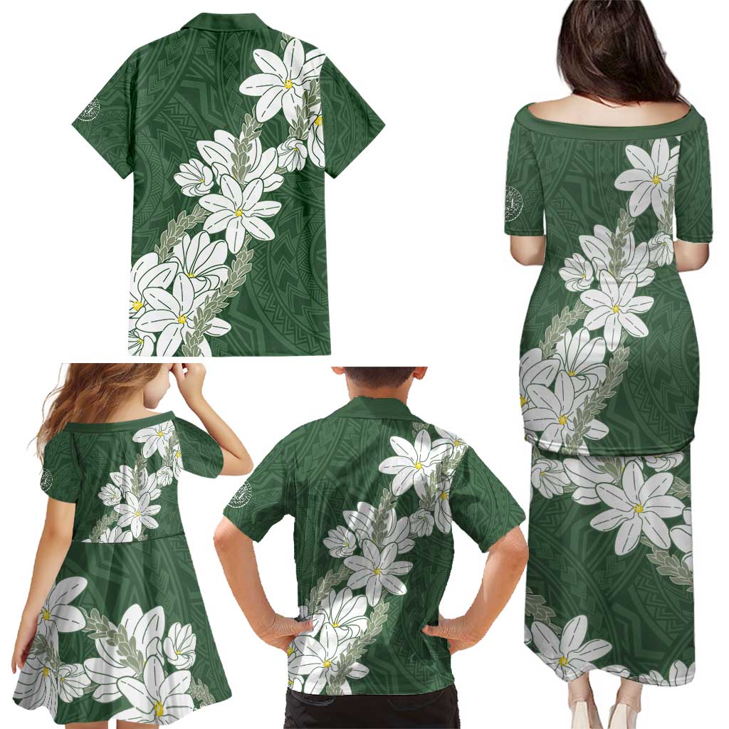 Ia Orana Tahiti Tiare Family Matching Puletasi and Hawaiian Shirt Sage Green Lei - Polynesian Pride
