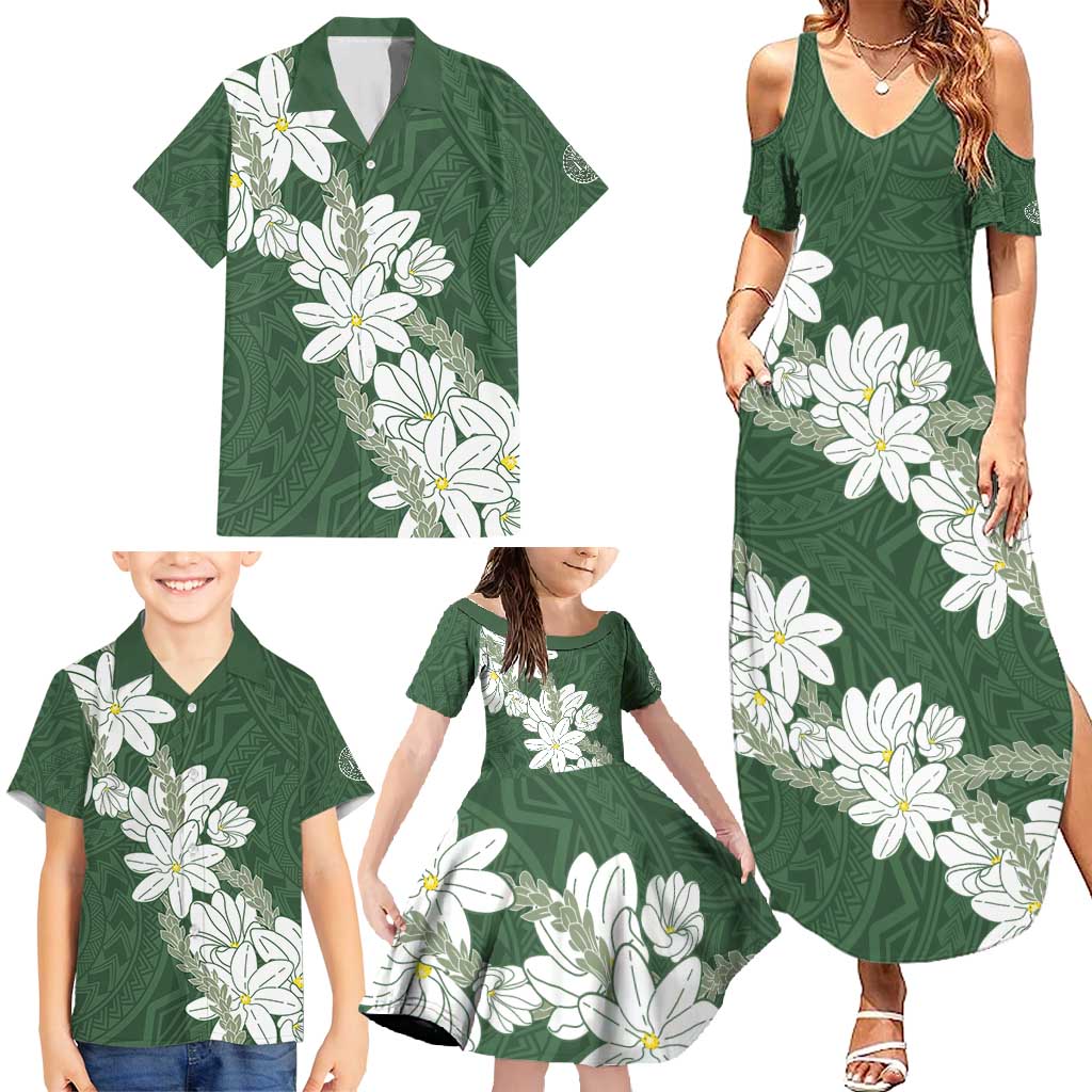 Ia Orana Tahiti Tiare Family Matching Summer Maxi Dress and Hawaiian Shirt Sage Green Lei - Polynesian Pride