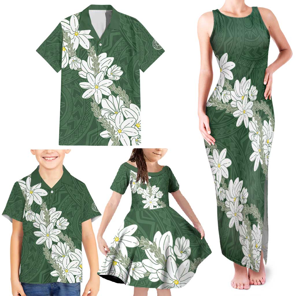 Ia Orana Tahiti Tiare Family Matching Tank Maxi Dress and Hawaiian Shirt Sage Green Lei - Polynesian Pride