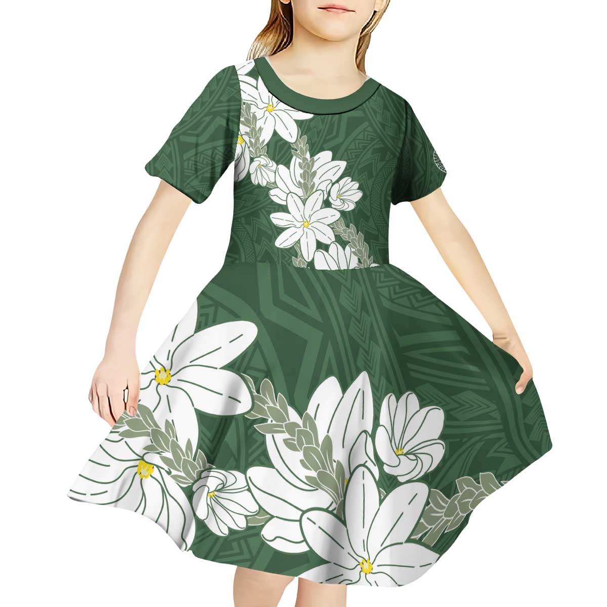 Ia Orana Tahiti Tiare Kid Short Sleeve Dress Sage Green Lei - Polynesian Pride