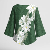 Ia Orana Tahiti Tiare Kimono Sleeve Blouse Sage Green Lei - Polynesian Pride