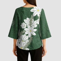 Ia Orana Tahiti Tiare Kimono Sleeve Blouse Sage Green Lei - Polynesian Pride