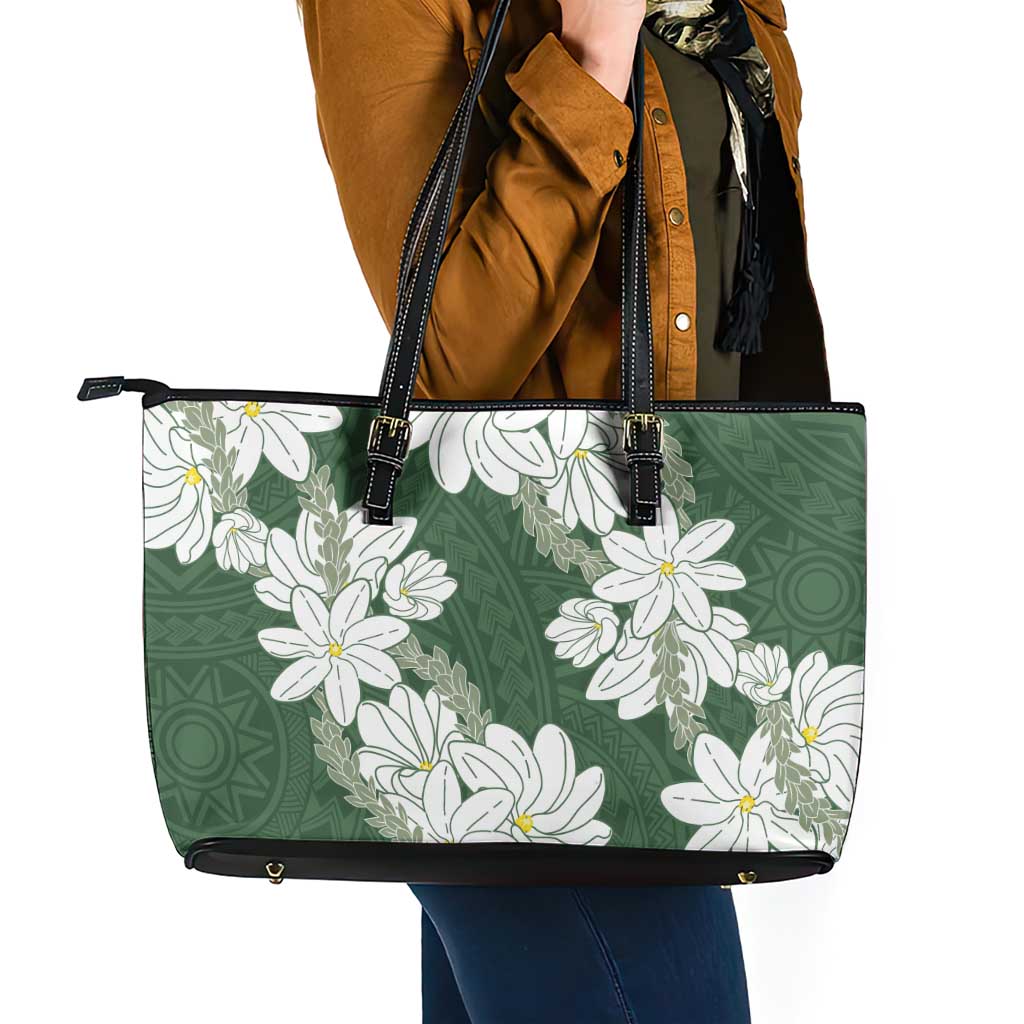 Ia Orana Tahiti Tiare Leather Tote Bag Sage Green Lei - Polynesian Pride