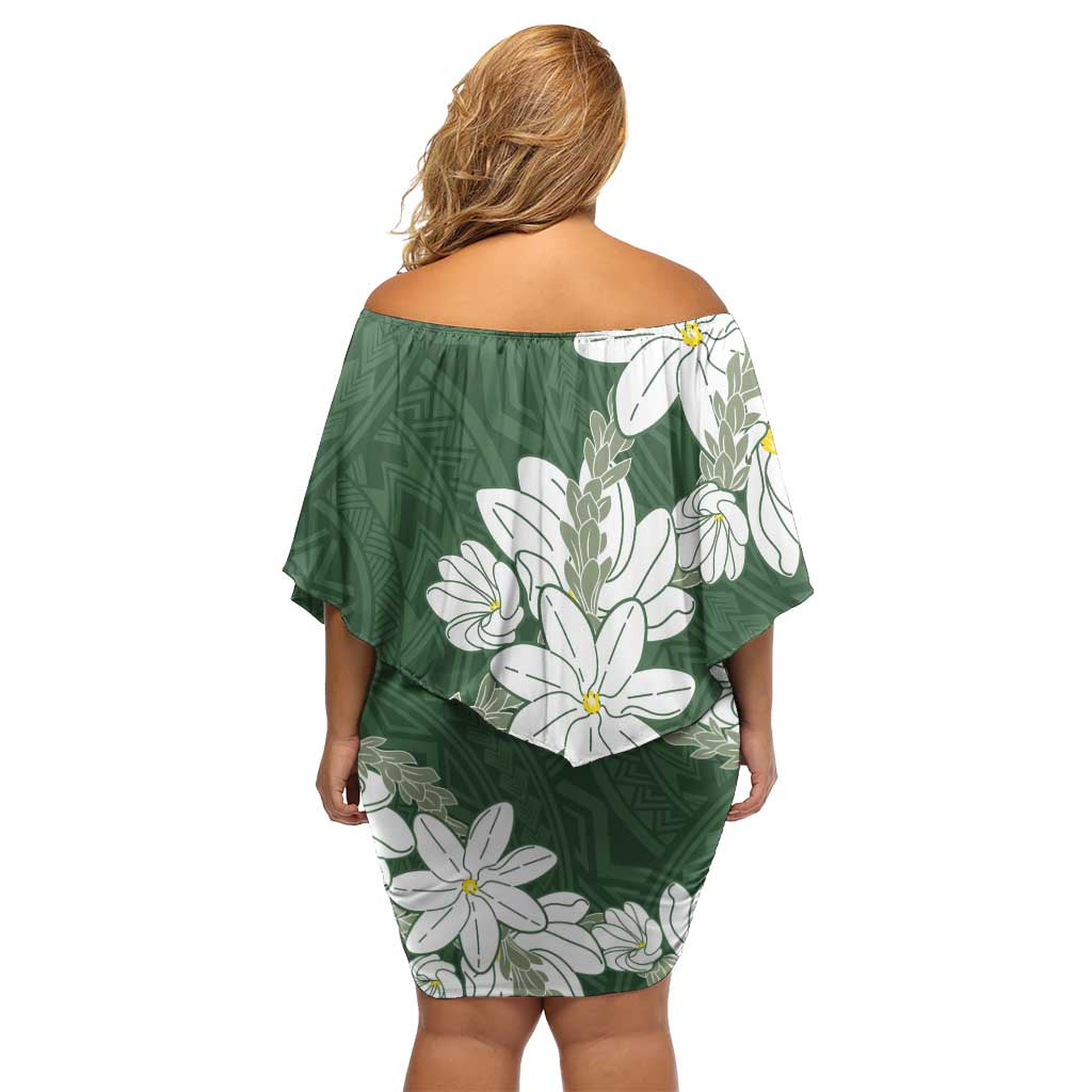 Ia Orana Tahiti Tiare Off Shoulder Short Dress Sage Green Lei - Polynesian Pride