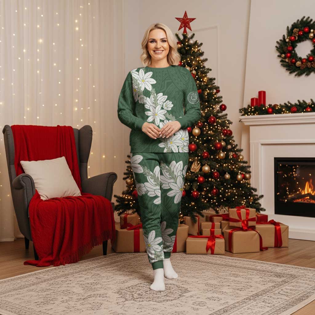 Ia Orana Tahiti Tiare Christmas Pajama Set Sage Green Lei LT7 Women Sage Green - Polynesian Pride