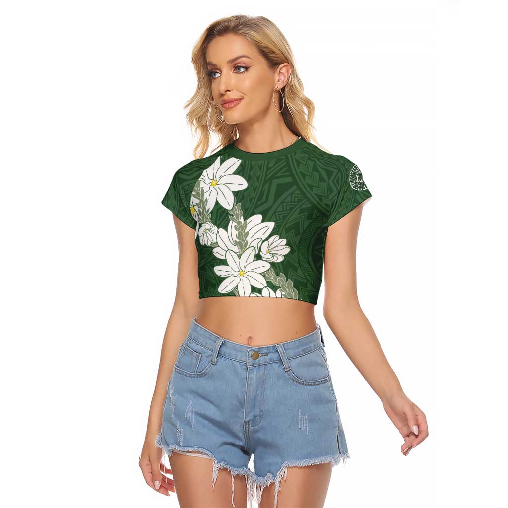 Ia Orana Tahiti Tiare Raglan Cropped T Shirt Sage Green Lei - Polynesian Pride