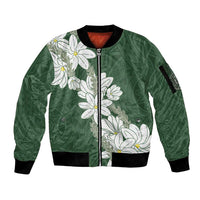 Ia Orana Tahiti Tiare Sleeve Zip Bomber Jacket Sage Green Lei - Polynesian Pride