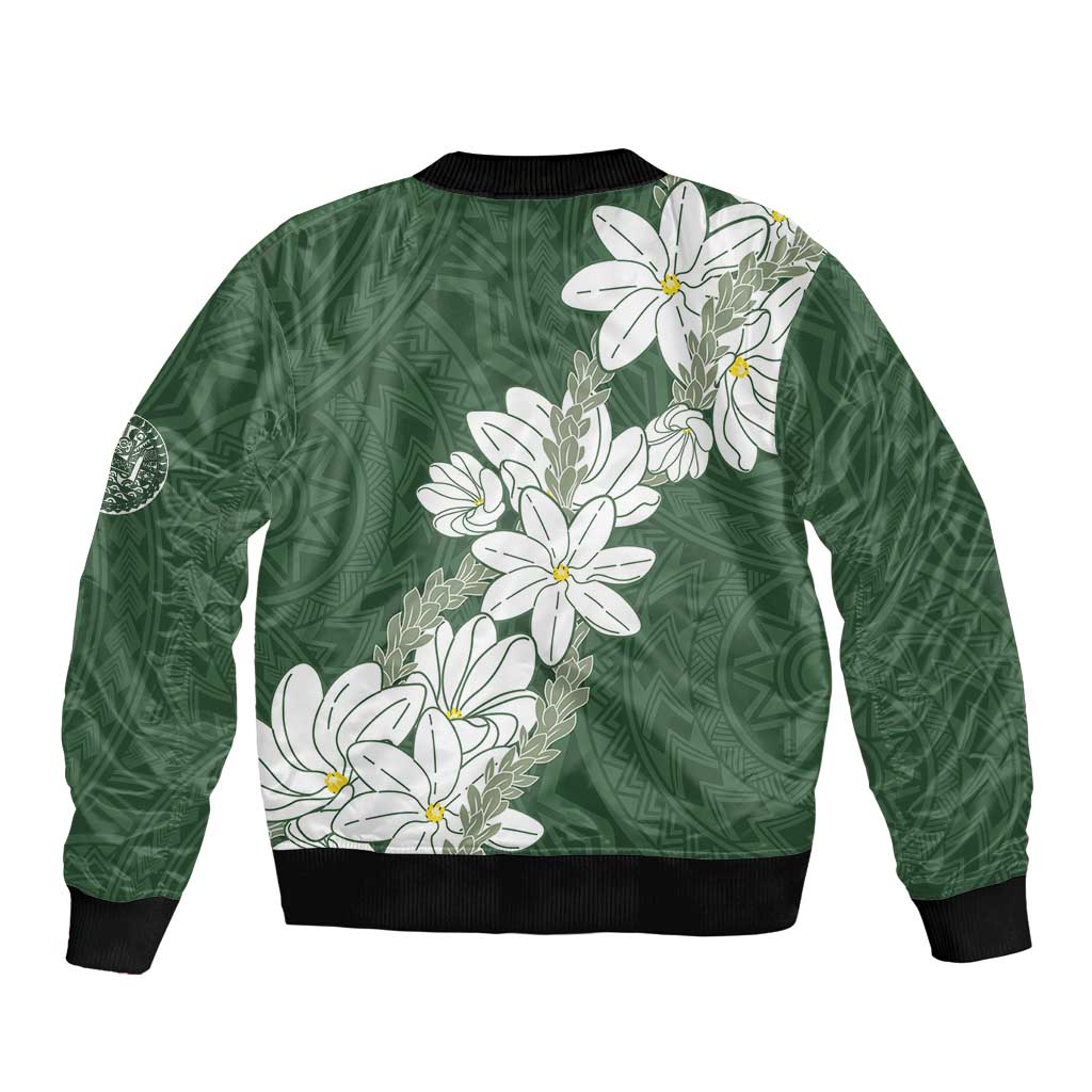 Ia Orana Tahiti Tiare Sleeve Zip Bomber Jacket Sage Green Lei - Polynesian Pride