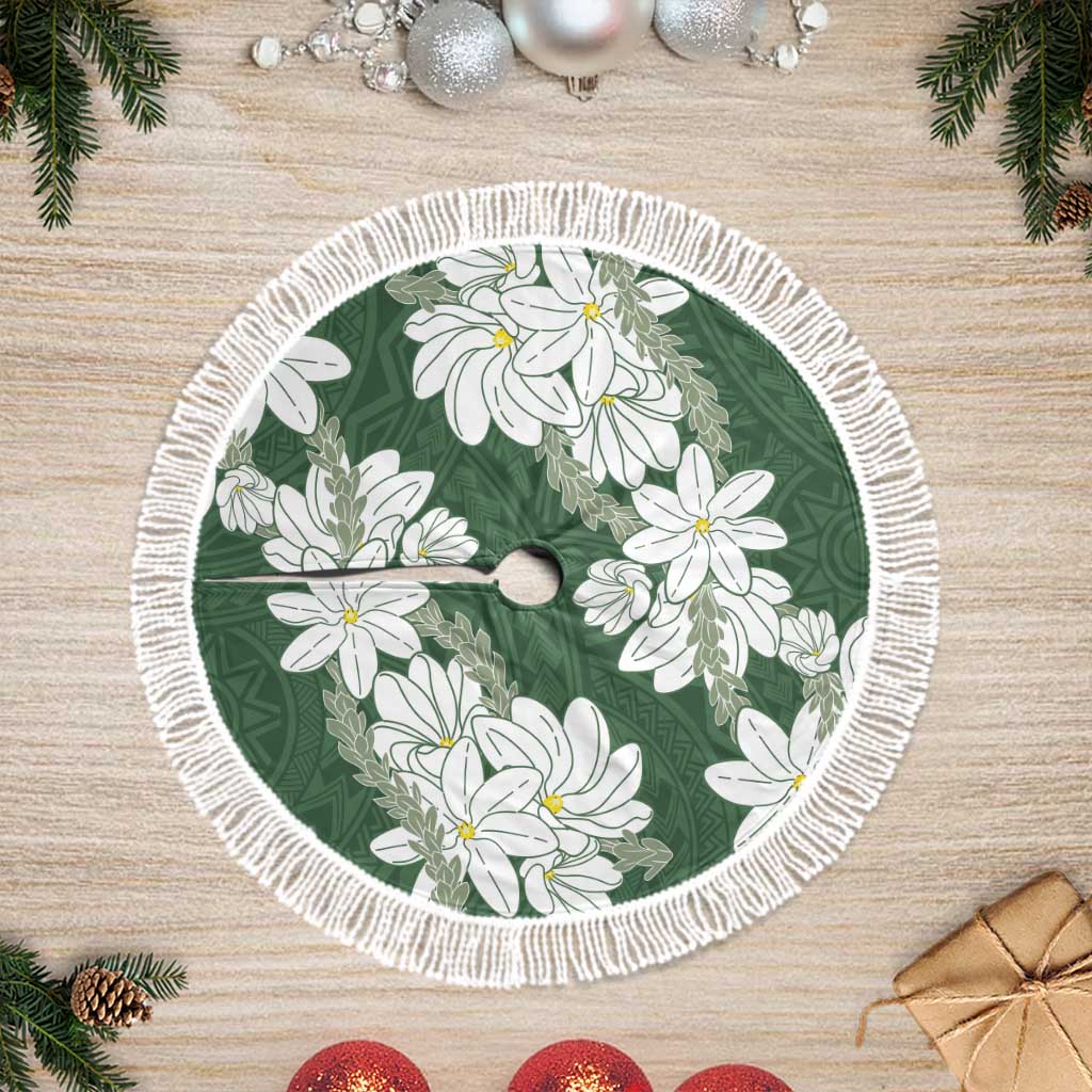 Ia Orana Tahiti Tiare Tree Skirt Sage Green Lei LT7 Fringed Sage Green - Polynesian Pride