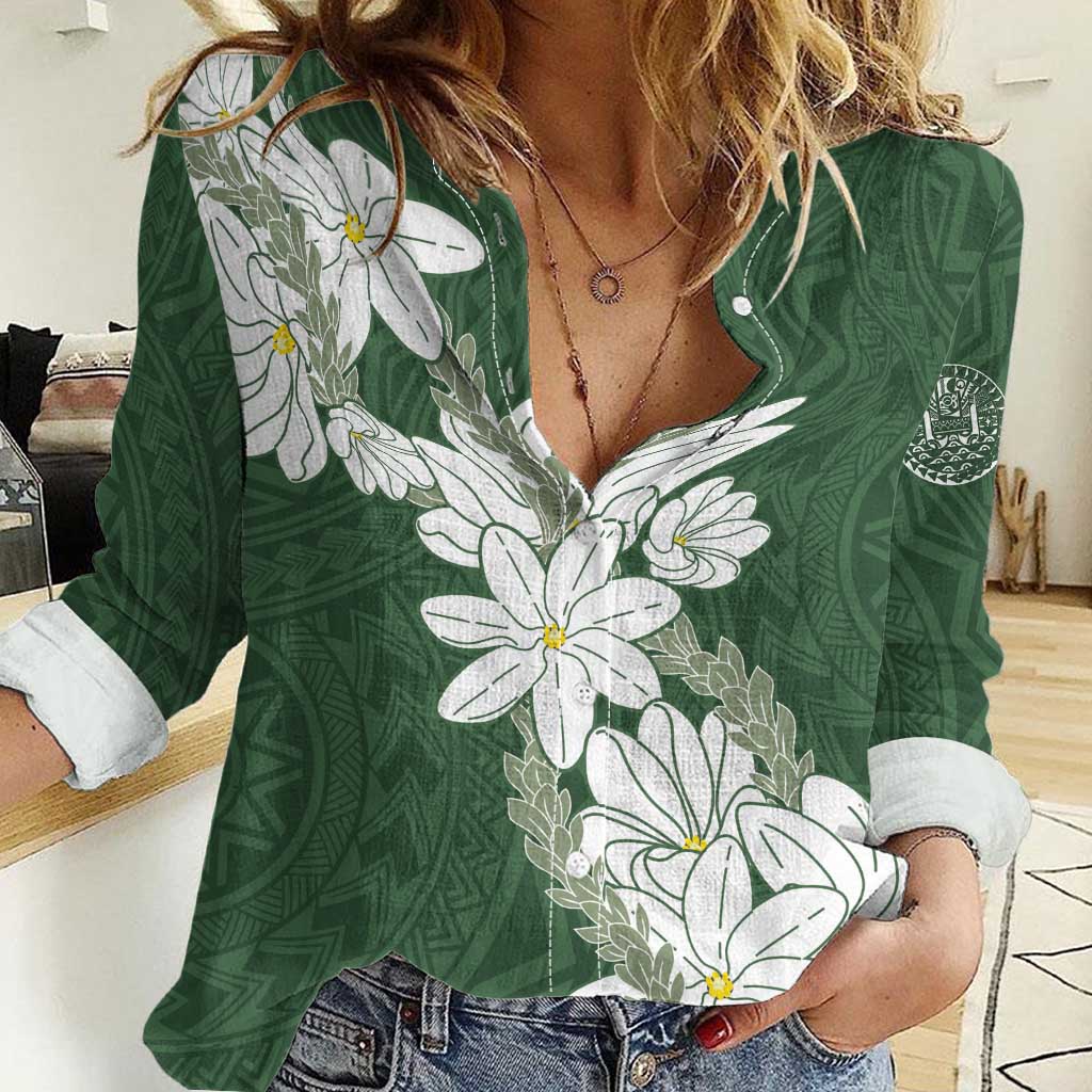 Ia Orana Tahiti Tiare Women Casual Shirt Sage Green Lei - Polynesian Pride