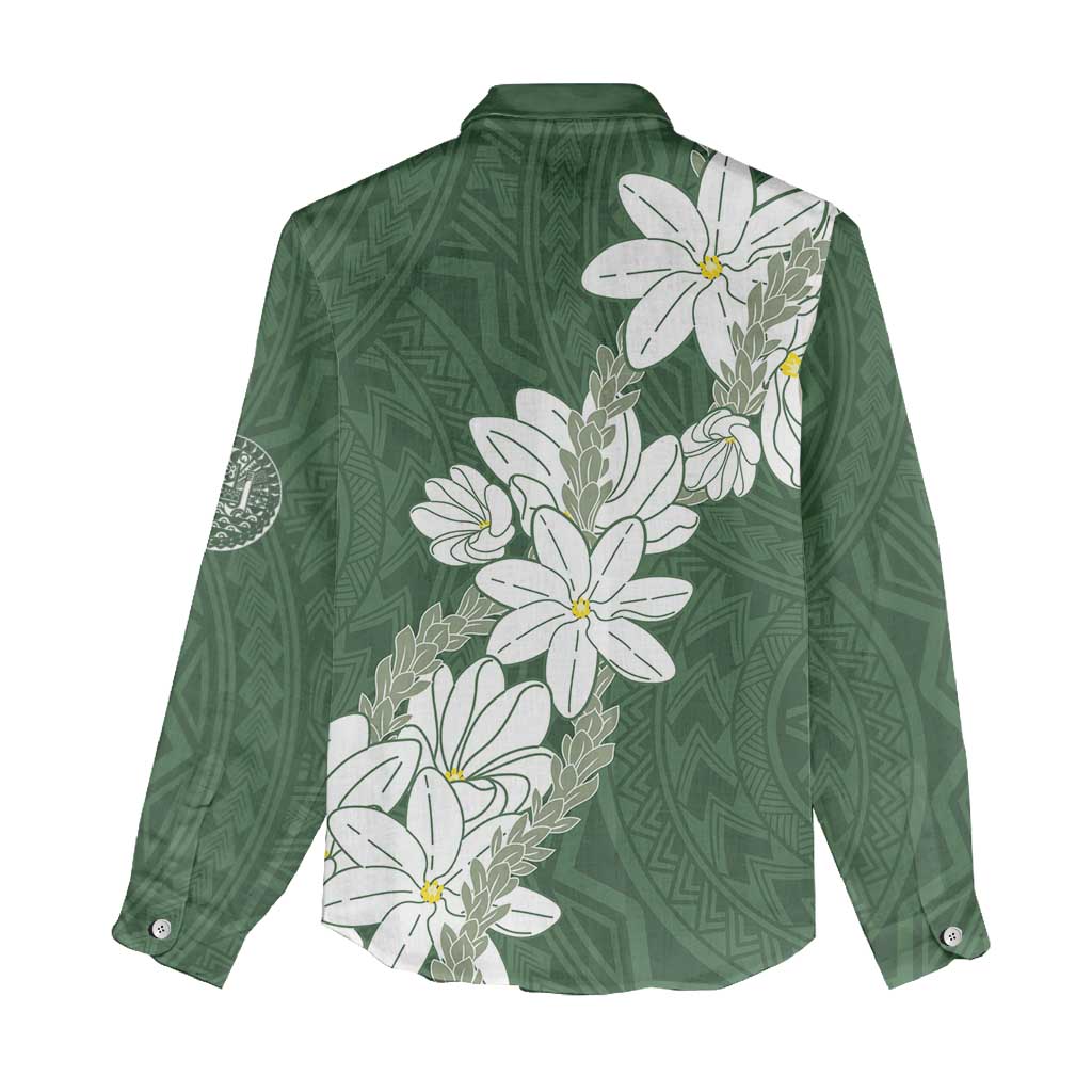 Ia Orana Tahiti Tiare Women Casual Shirt Sage Green Lei - Polynesian Pride