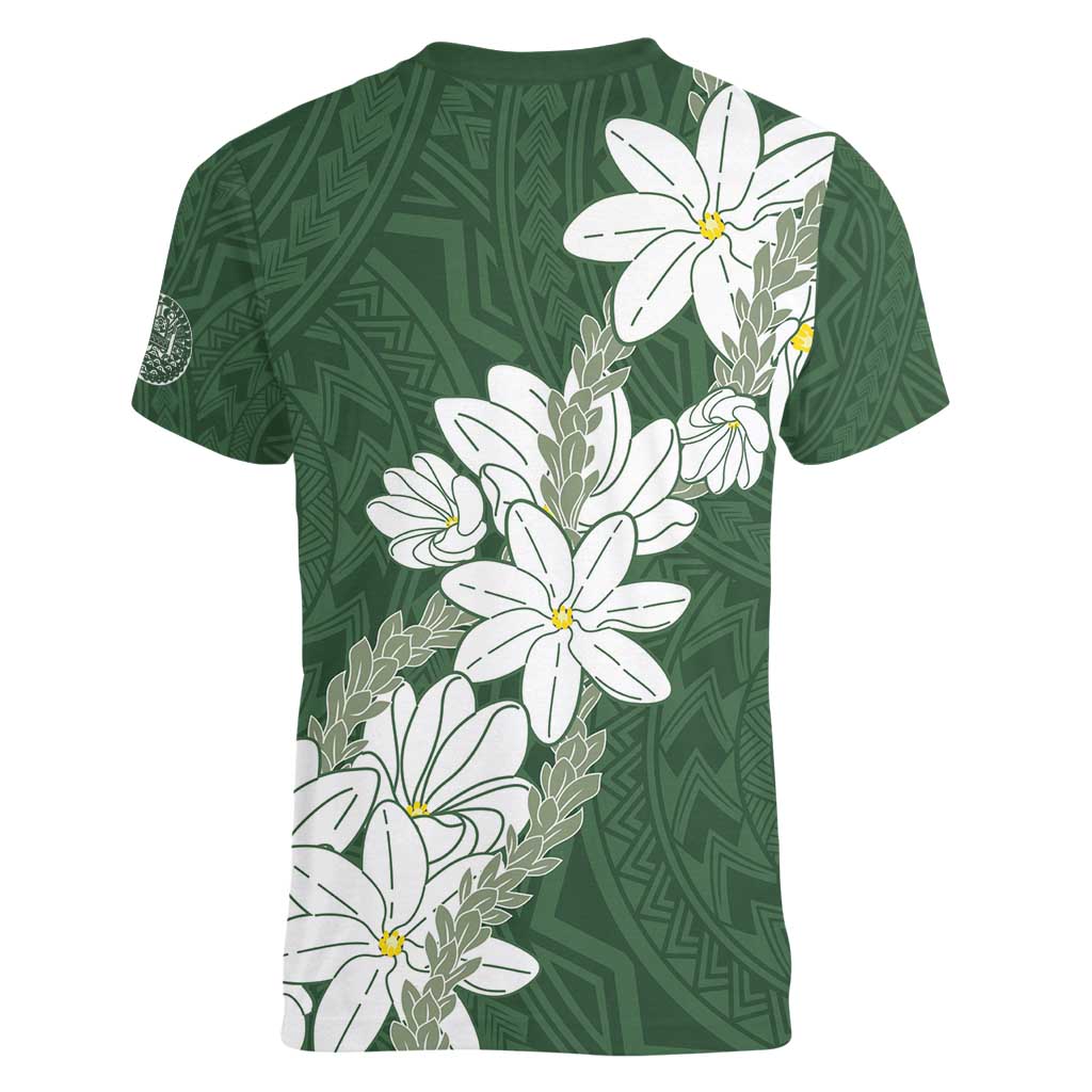Ia Orana Tahiti Tiare Women V-Neck T-Shirt Sage Green Lei - Polynesian Pride