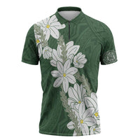Ia Orana Tahiti Tiare Zipper Polo Shirt Sage Green Lei - Polynesian Pride
