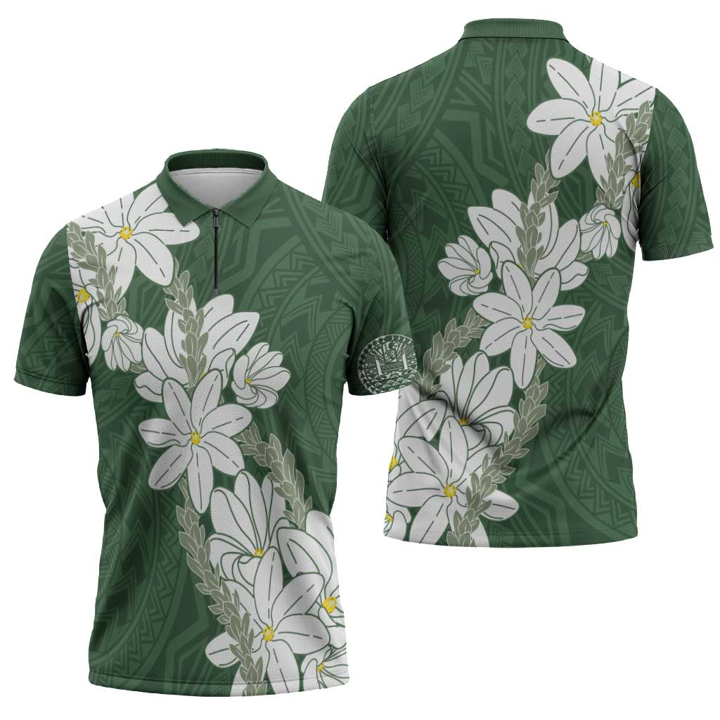 Ia Orana Tahiti Tiare Zipper Polo Shirt Sage Green Lei - Polynesian Pride