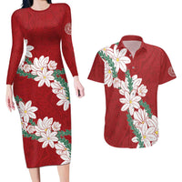 Ia Orana Tahiti Tiare Couples Matching Long Sleeve Bodycon Dress and Hawaiian Shirt Crimson Lei - Polynesian Pride