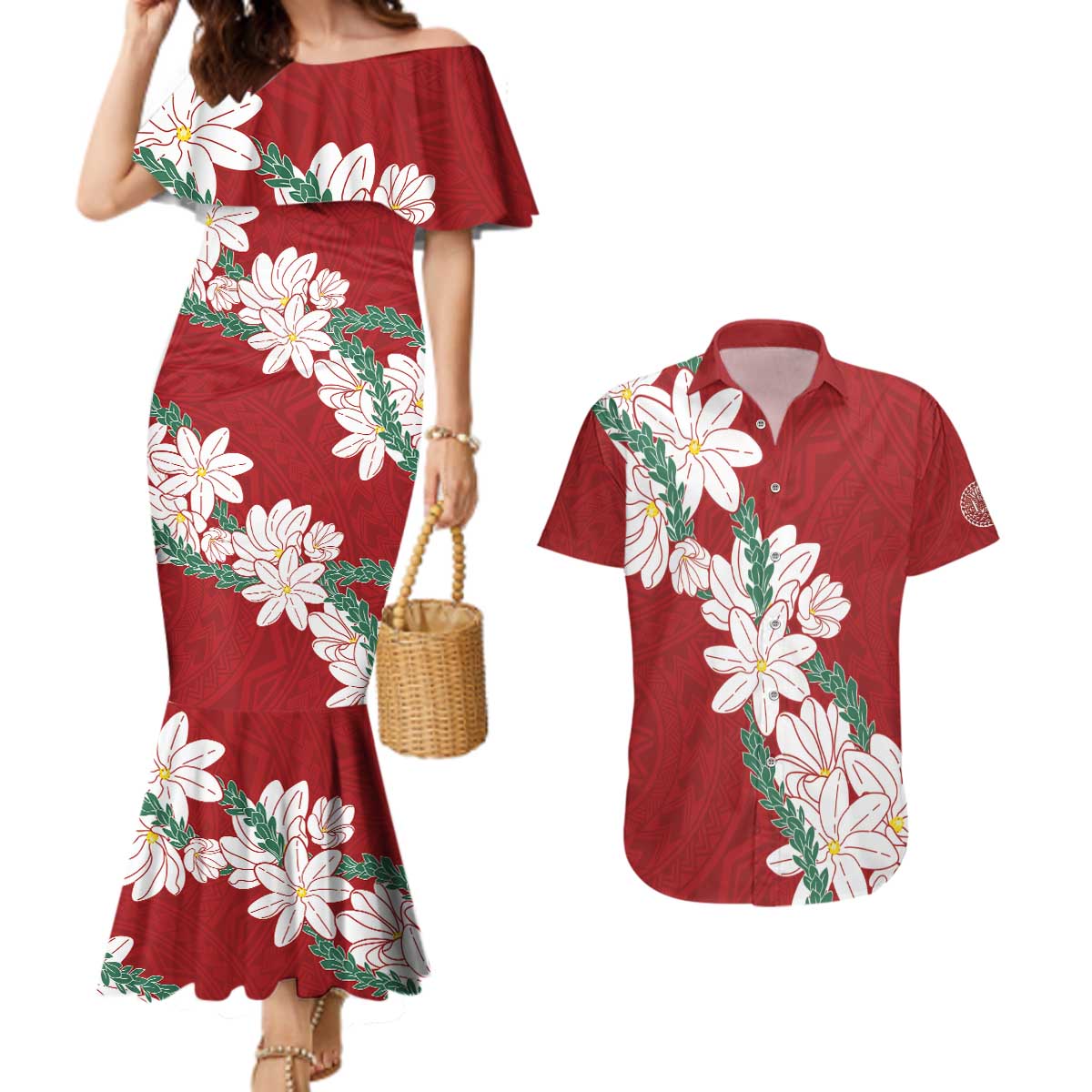 Ia Orana Tahiti Tiare Couples Matching Mermaid Dress and Hawaiian Shirt Crimson Lei - Polynesian Pride