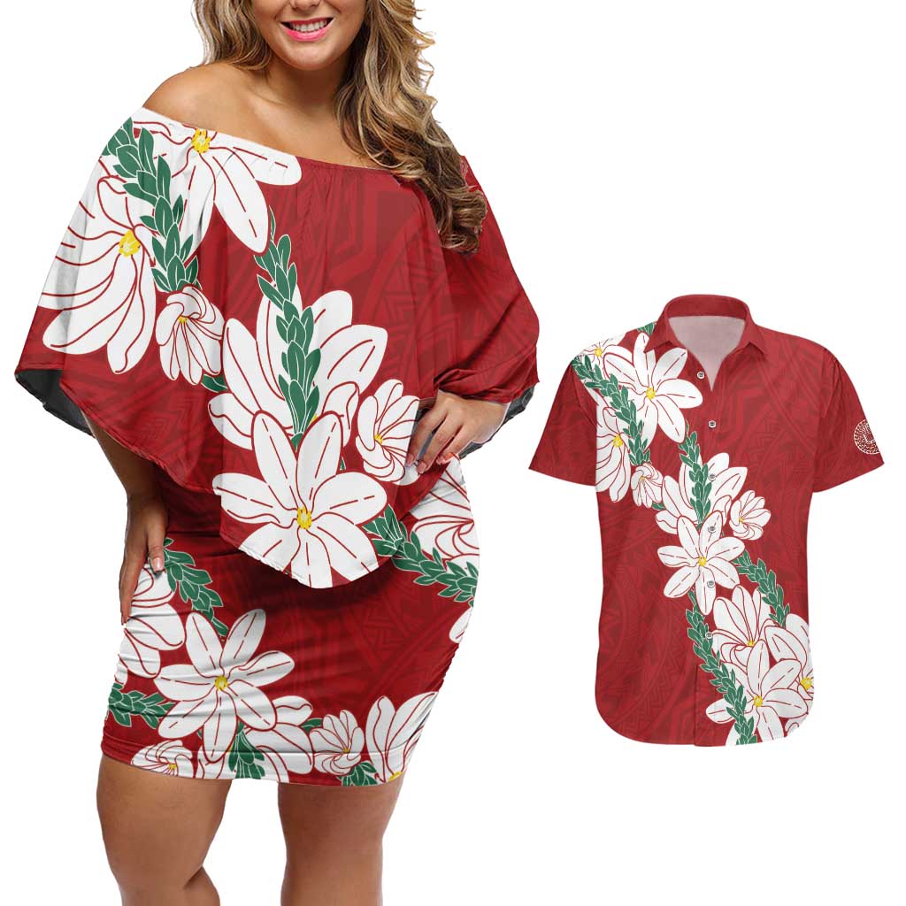 Ia Orana Tahiti Tiare Couples Matching Off Shoulder Short Dress and Hawaiian Shirt Crimson Lei - Polynesian Pride
