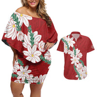 Ia Orana Tahiti Tiare Couples Matching Off Shoulder Short Dress and Hawaiian Shirt Crimson Lei - Polynesian Pride