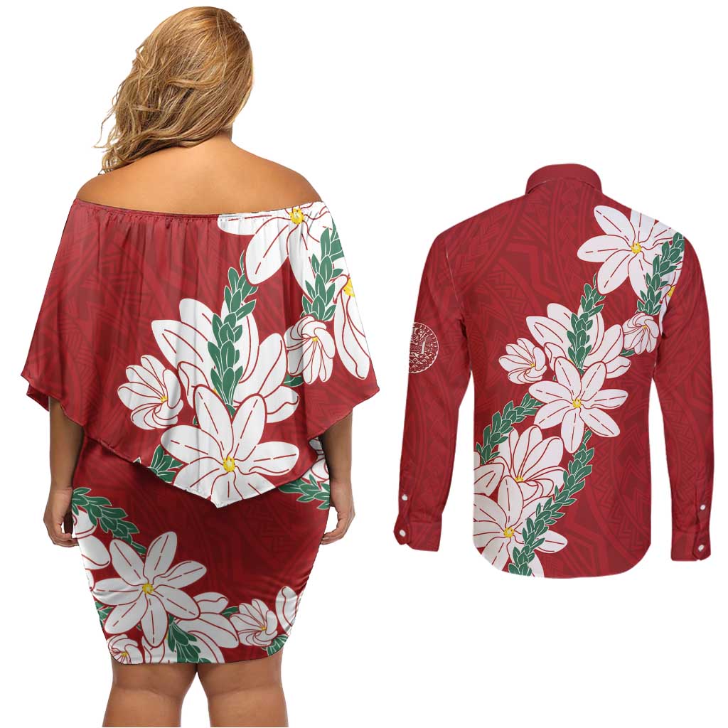 Ia Orana Tahiti Tiare Couples Matching Off Shoulder Short Dress and Long Sleeve Button Shirt Crimson Lei - Polynesian Pride