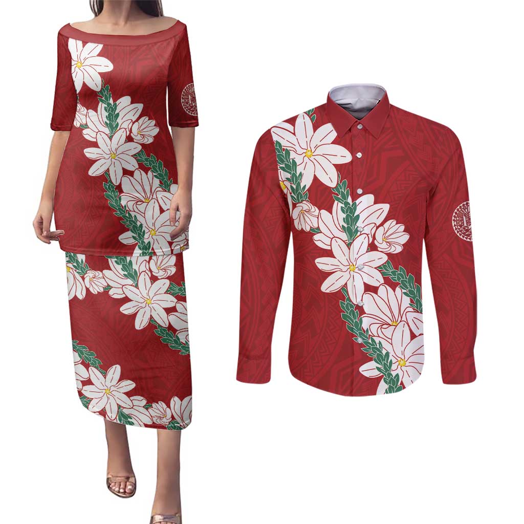 Ia Orana Tahiti Tiare Couples Matching Puletasi and Long Sleeve Button Shirt Crimson Lei - Polynesian Pride