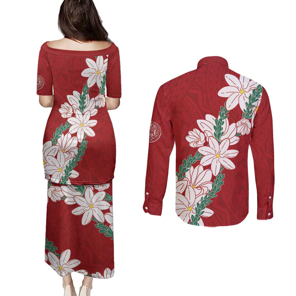Ia Orana Tahiti Tiare Couples Matching Puletasi and Long Sleeve Button Shirt Crimson Lei - Polynesian Pride