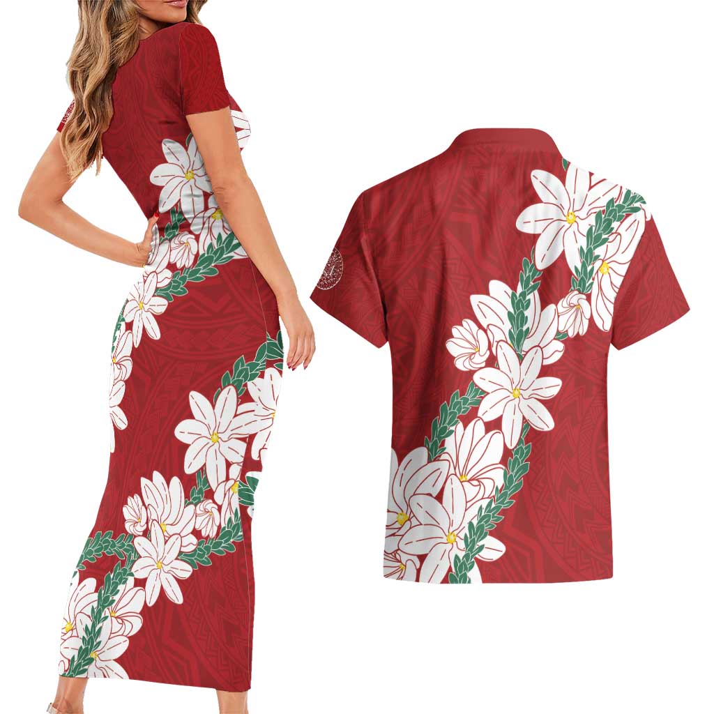 Ia Orana Tahiti Tiare Couples Matching Short Sleeve Bodycon Dress and Hawaiian Shirt Crimson Lei - Polynesian Pride