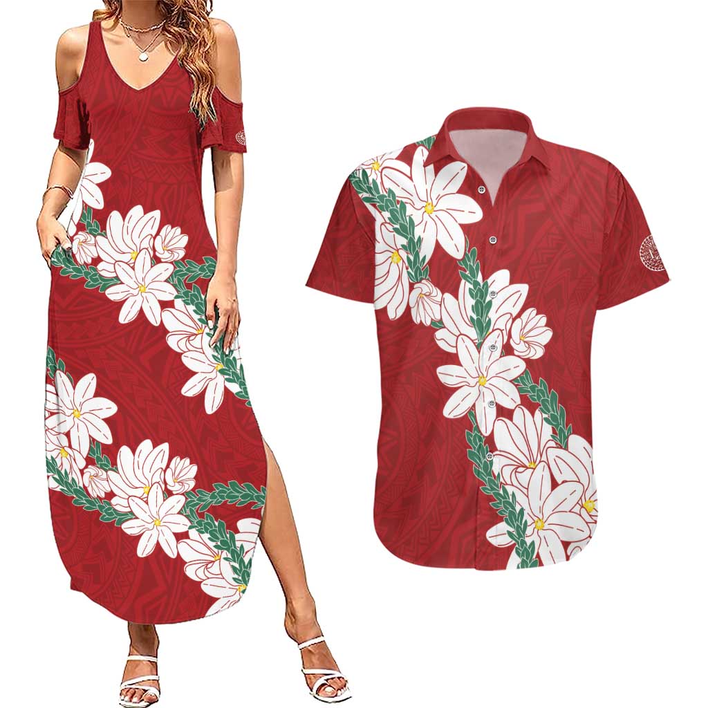 Ia Orana Tahiti Tiare Couples Matching Summer Maxi Dress and Hawaiian Shirt Crimson Lei - Polynesian Pride