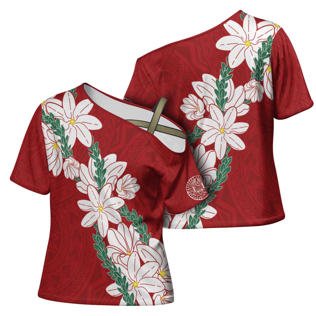 Ia Orana Tahiti Tiare Cross Shoulder Shirt Crimson Lei - Polynesian Pride