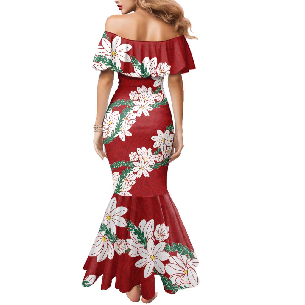 Ia Orana Tahiti Tiare Family Matching Mermaid Dress and Hawaiian Shirt Crimson Lei - Polynesian Pride
