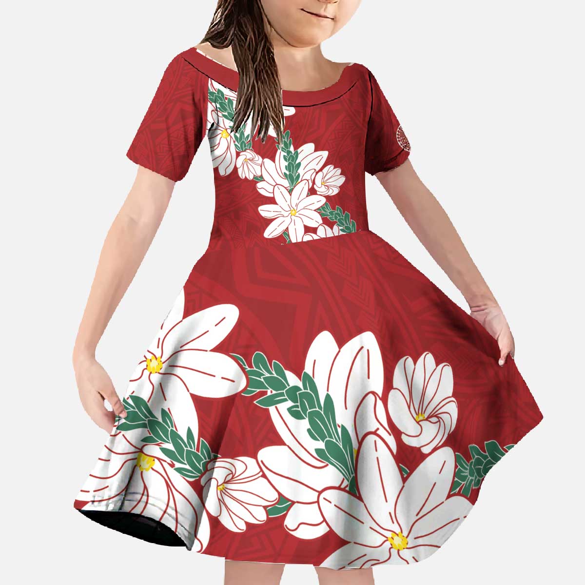 Ia Orana Tahiti Tiare Family Matching Off The Shoulder Long Sleeve Dress and Hawaiian Shirt Crimson Lei - Polynesian Pride