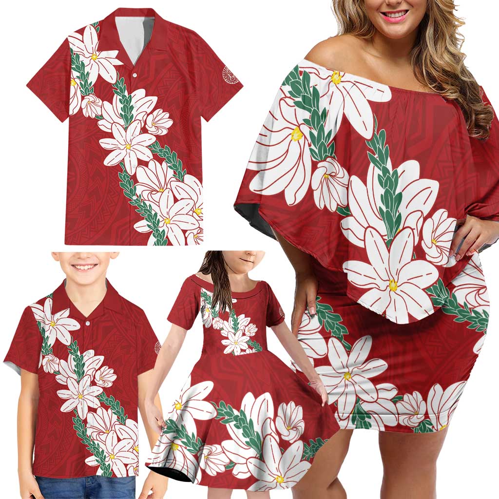 Ia Orana Tahiti Tiare Family Matching Off Shoulder Short Dress and Hawaiian Shirt Crimson Lei - Polynesian Pride
