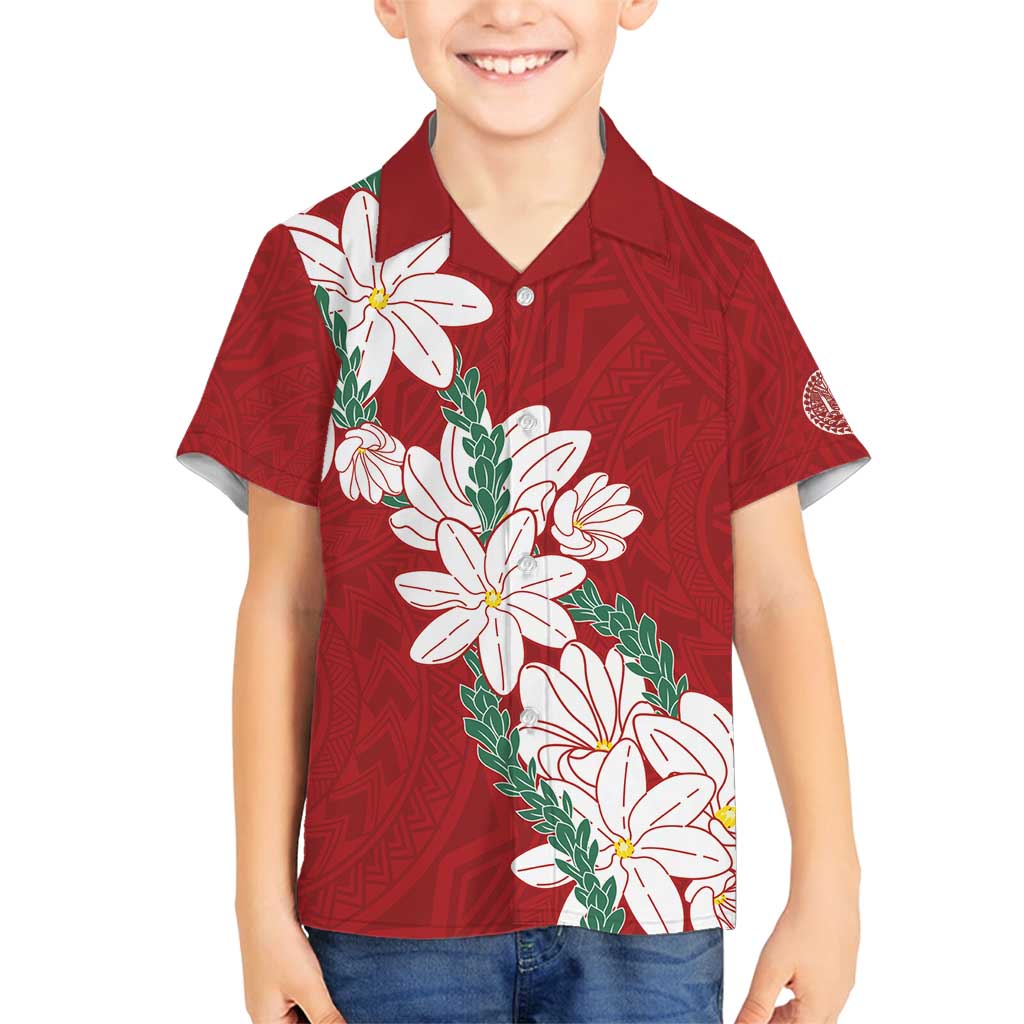 Ia Orana Tahiti Tiare Family Matching Off Shoulder Short Dress and Hawaiian Shirt Crimson Lei - Polynesian Pride