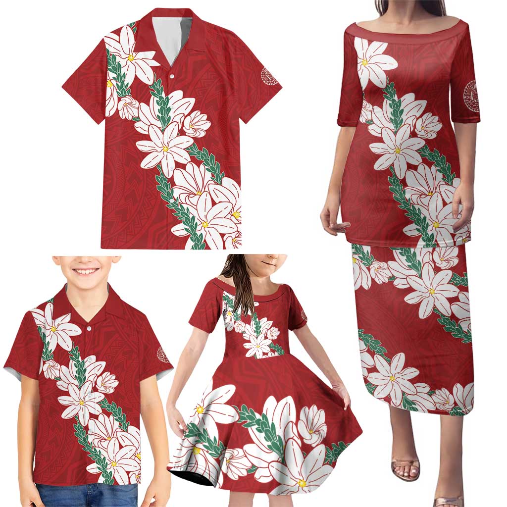 Ia Orana Tahiti Tiare Family Matching Puletasi and Hawaiian Shirt Crimson Lei - Polynesian Pride