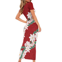 Ia Orana Tahiti Tiare Family Matching Short Sleeve Bodycon Dress and Hawaiian Shirt Crimson Lei - Polynesian Pride