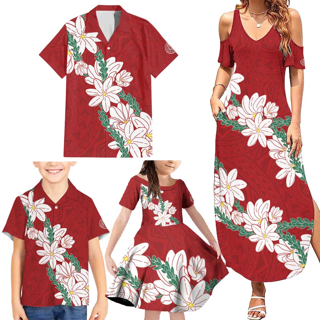 Ia Orana Tahiti Tiare Family Matching Summer Maxi Dress and Hawaiian Shirt Crimson Lei - Polynesian Pride