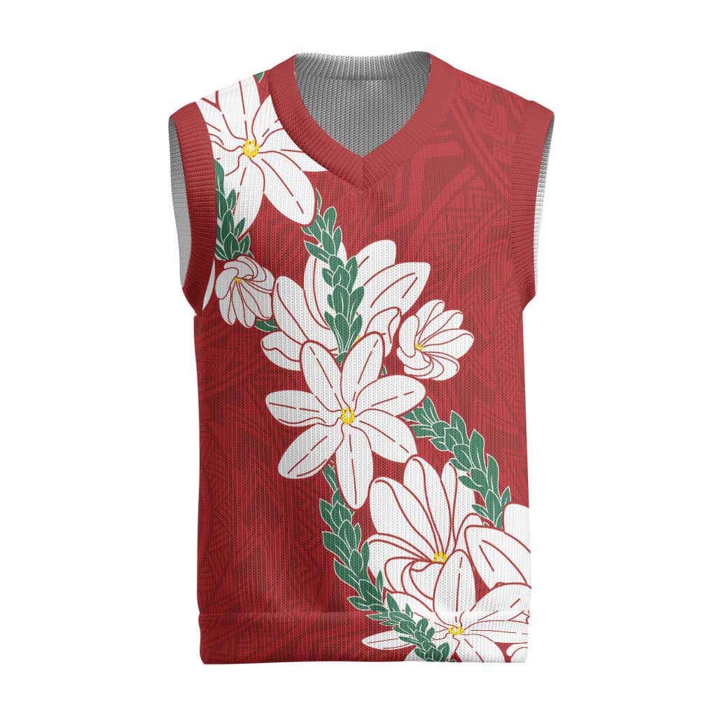 Ia Orana Tahiti Tiare Christmas Knitted V-Neck Vest Crimson Lei LT7 Red - Polynesian Pride