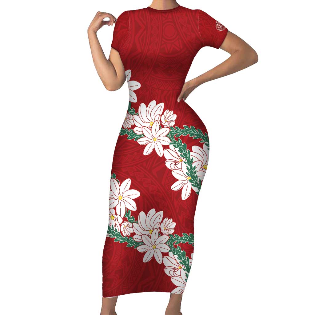 Ia Orana Tahiti Tiare Short Sleeve Bodycon Dress Crimson Lei - Polynesian Pride