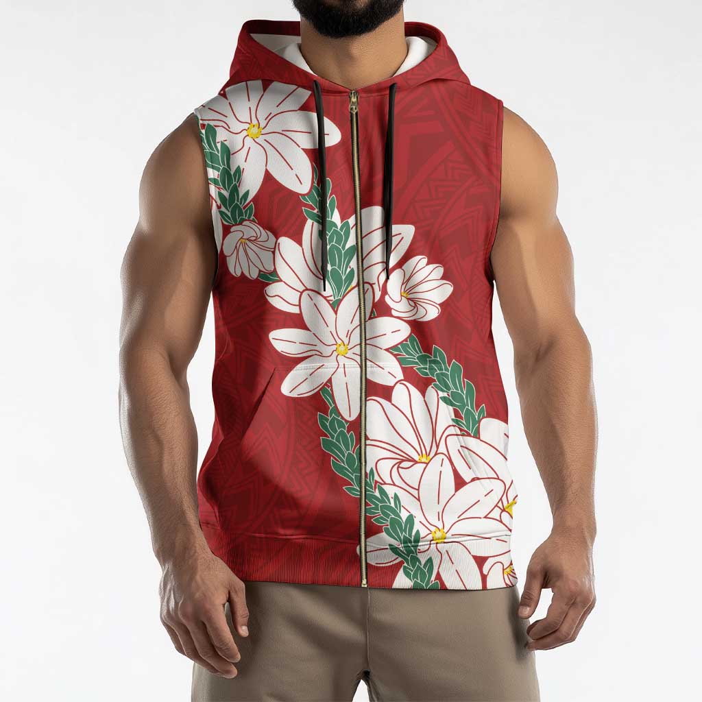 Ia Orana Tahiti Tiare Sleeveless Zip Hoodie Crimson Lei - Polynesian Pride