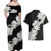 Ia Orana Tahiti Tiare Couples Matching Off Shoulder Maxi Dress and Hawaiian Shirt Black Lei - Polynesian Pride