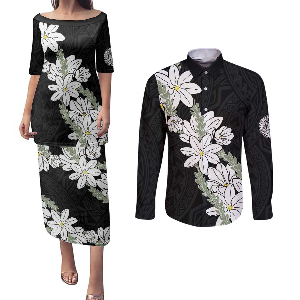 Ia Orana Tahiti Tiare Couples Matching Puletasi and Long Sleeve Button Shirt Black Lei LT7 Black - Polynesian Pride