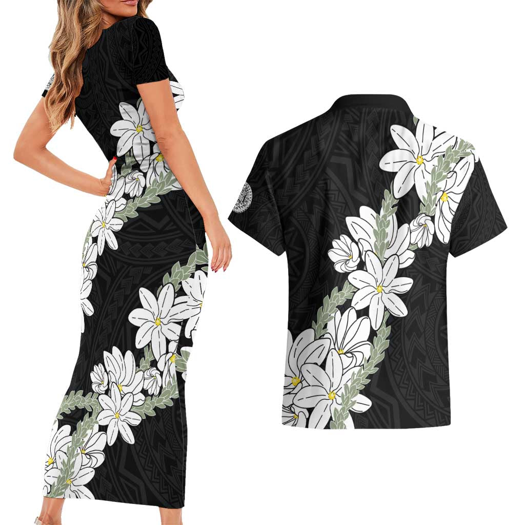 Ia Orana Tahiti Tiare Couples Matching Short Sleeve Bodycon Dress and Hawaiian Shirt Black Lei - Polynesian Pride