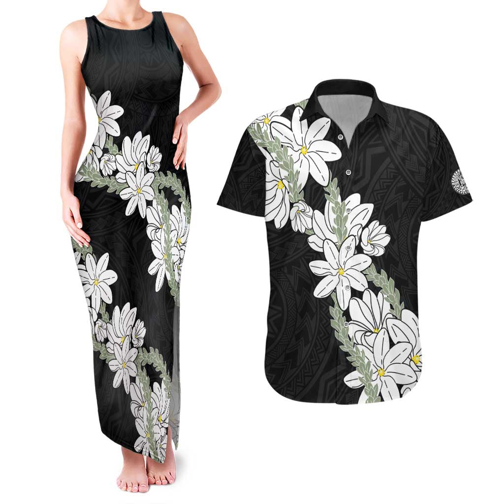 Ia Orana Tahiti Tiare Couples Matching Tank Maxi Dress and Hawaiian Shirt Black Lei - Polynesian Pride