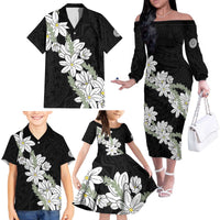 Ia Orana Tahiti Tiare Family Matching Off The Shoulder Long Sleeve Dress and Hawaiian Shirt Black Lei - Polynesian Pride