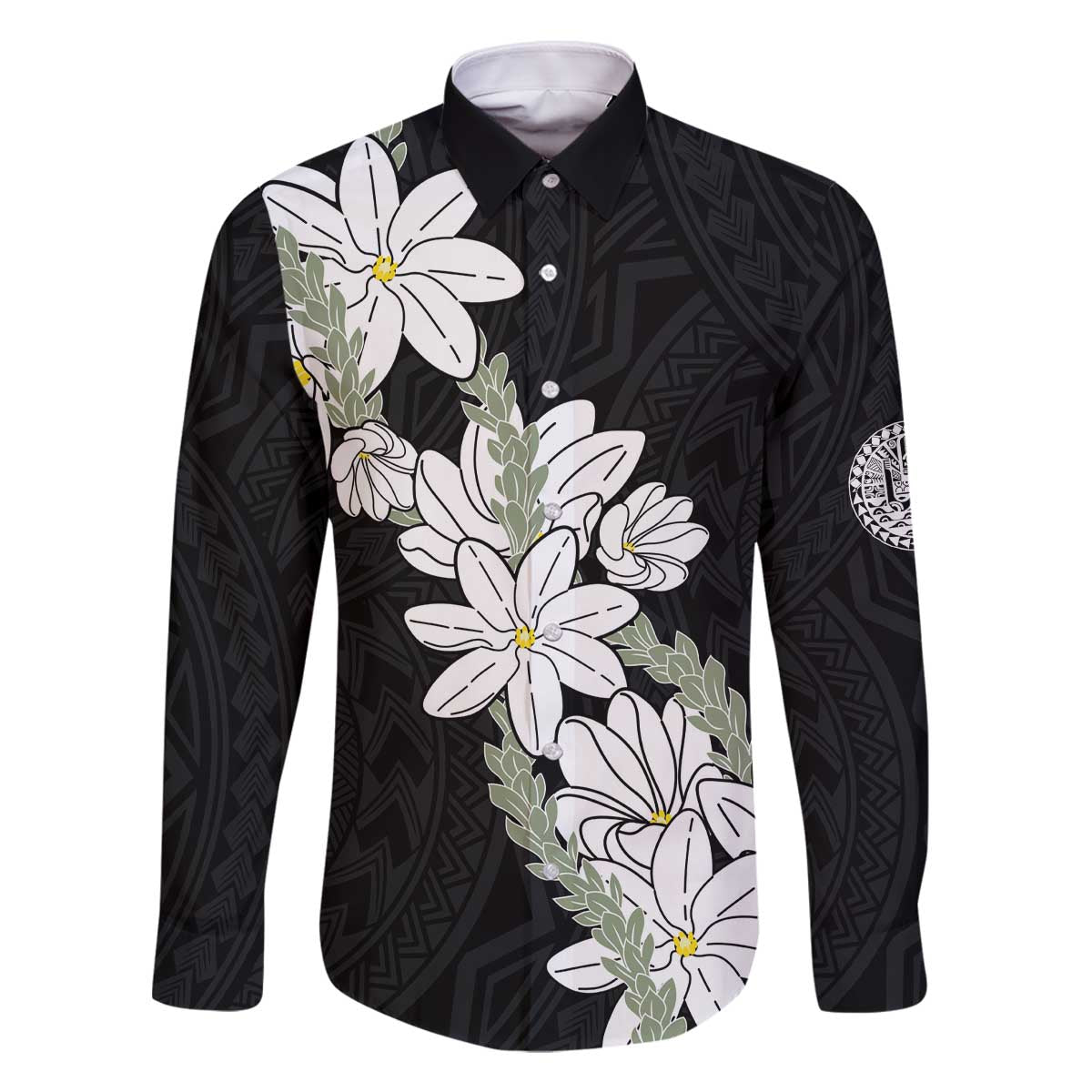 Ia Orana Tahiti Tiare Family Matching Off The Shoulder Long Sleeve Dress and Hawaiian Shirt Black Lei - Polynesian Pride