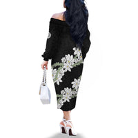 Ia Orana Tahiti Tiare Family Matching Off The Shoulder Long Sleeve Dress and Hawaiian Shirt Black Lei - Polynesian Pride