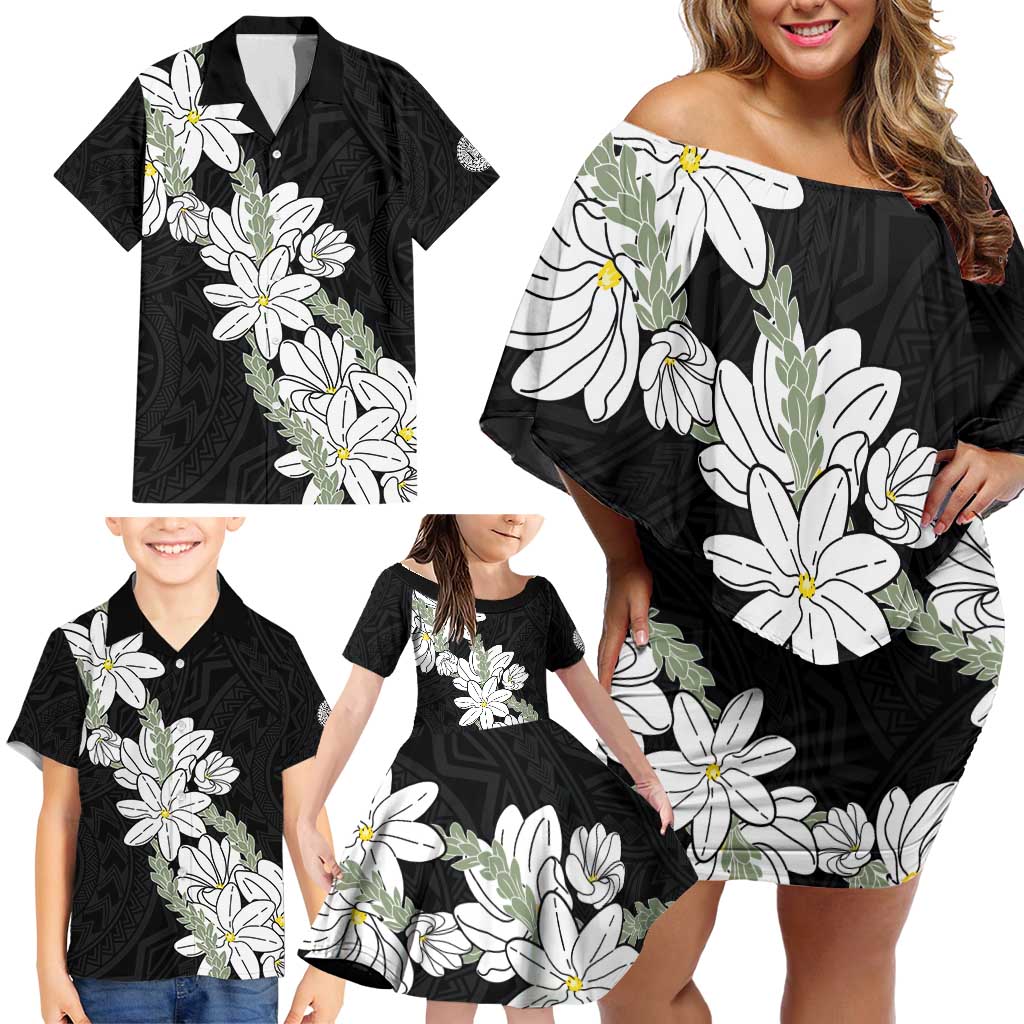 Ia Orana Tahiti Tiare Family Matching Off Shoulder Short Dress and Hawaiian Shirt Black Lei - Polynesian Pride
