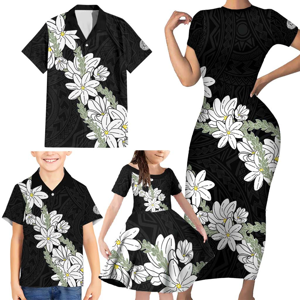 Ia Orana Tahiti Tiare Family Matching Short Sleeve Bodycon Dress and Hawaiian Shirt Black Lei - Polynesian Pride
