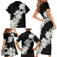 Ia Orana Tahiti Tiare Family Matching Short Sleeve Bodycon Dress and Hawaiian Shirt Black Lei - Polynesian Pride