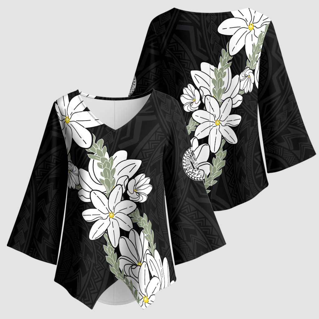 Ia Orana Tahiti Tiare Kimono Sleeve Blouse Black Lei LT7 - Polynesian Pride